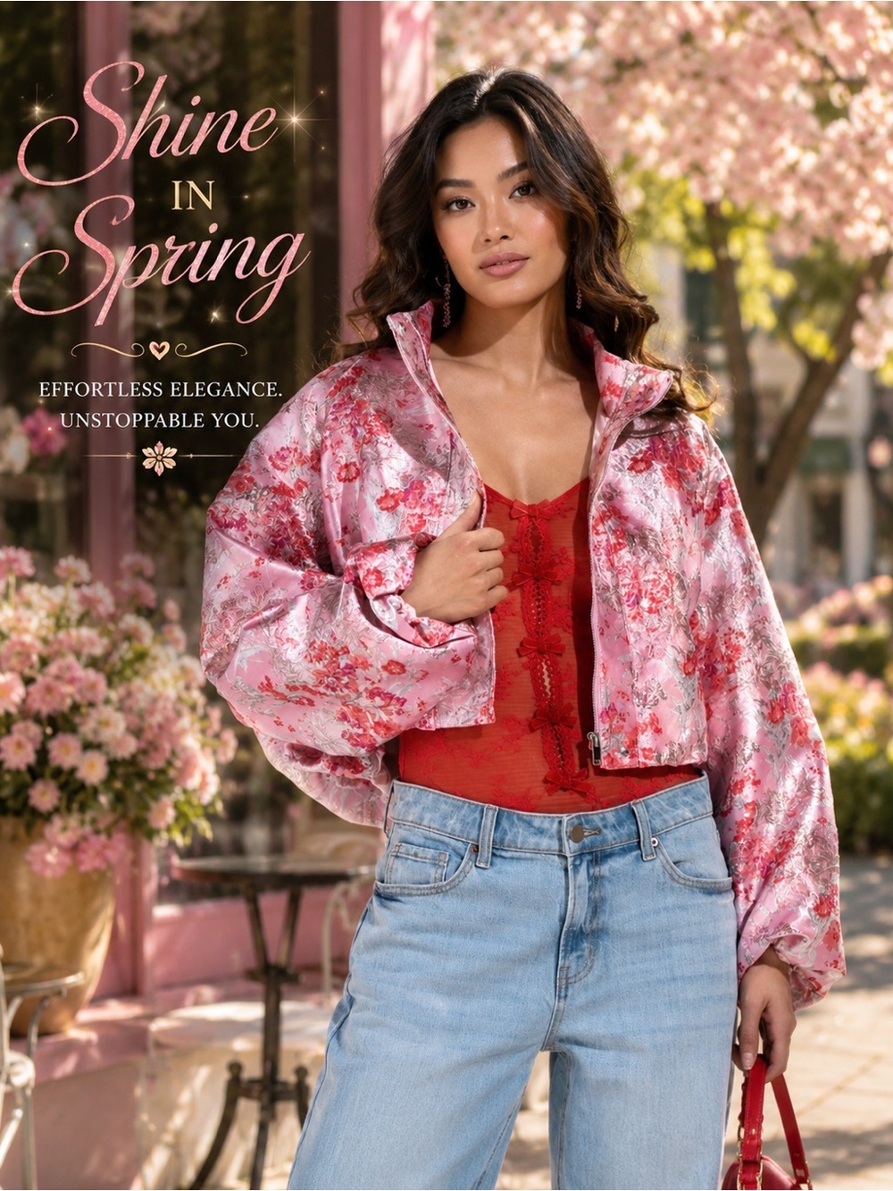 AKIRA Floral Satin Brocade Bomber Jacket in Pink and Red